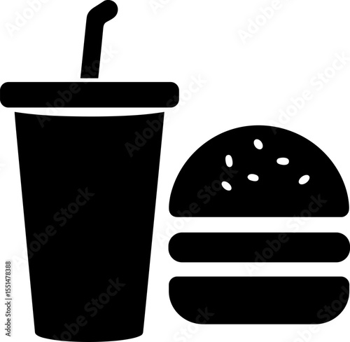 Black and white icon of a fast food combo meal with a soft drink and a hamburger