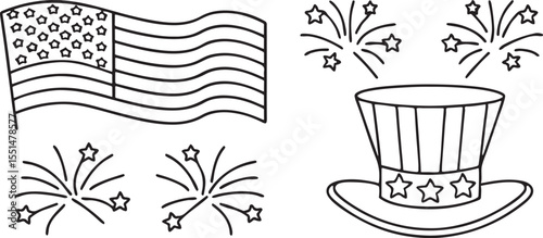 American Flag Top Hat with Fireworks Patriotic 4th of July Vector Illustration in Clean Style