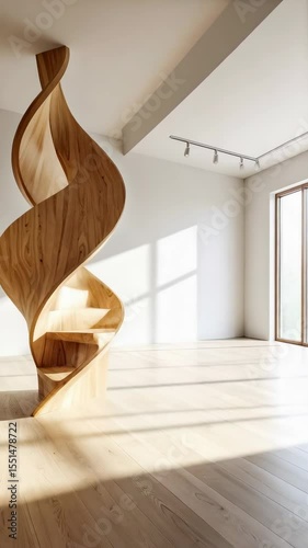 Elegant spiral staircase made of light wood standing in a bright minimalist modern room with wooden floor
