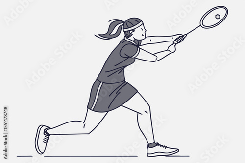 Cartoon vector illustration of a woman tennis player with a racket and ball, a dynamic sport character drawing