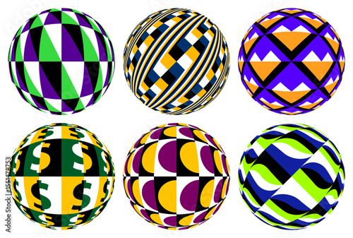 Collection of six patterned spheres with trippy optical illusions. Vector abstract designs with dynamic distortion and bold colors. Visual motion through peripheral drift effect.