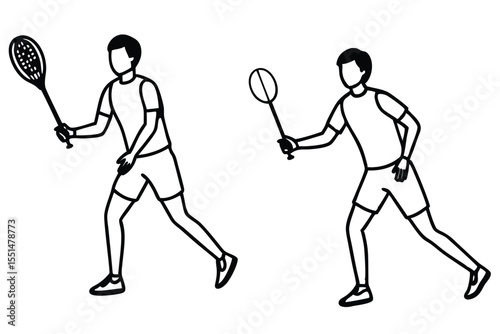 Black vector silhouette illustration of a tennis player in action