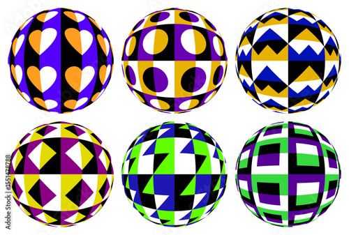 Set of six vibrant patterned spheres with geometric illusions. Optical peripheral drift effect creates a sense of motion. Bright abstract shapes on black background. Vector illustration.