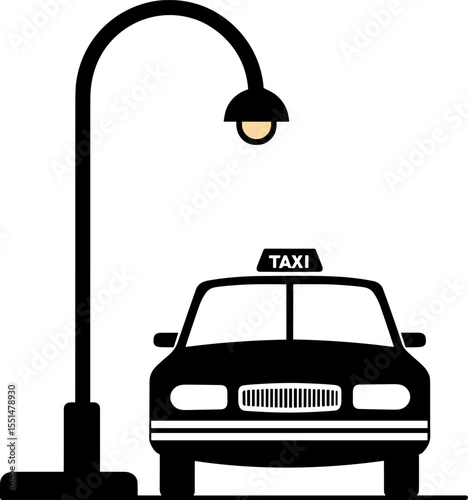 Black taxi cab parking under street lamp post