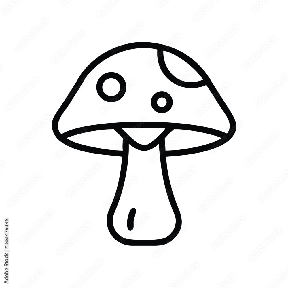 Illustration of a mushroom with a spotted cap and a thick stem in a simple outline style drawing Illustration of a mushroom with a spotted cap and a thick stem in a simple outline style drawing