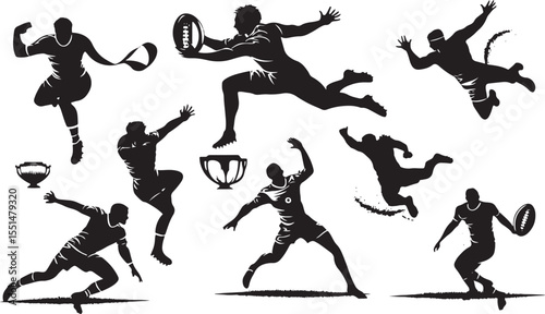 Rugby Players Silhouettes in Action with Trophy on White Background