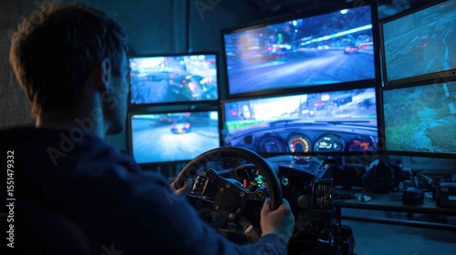 A person engrossed in a virtual racing game, sitting at a multi-monitor setup.