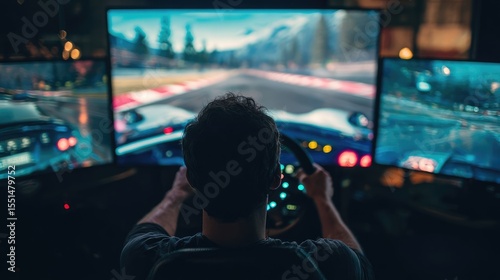 A person engrossed in a virtual racing game, sitting at a multi-monitor setup.