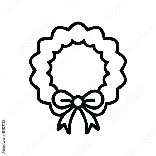 Illustration of a simple wreath with a bow at the bottom in a black outline on a white background