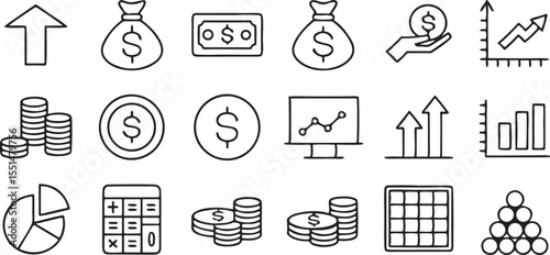Profit Icon Set with Growth Charts and Money Symbols Editable Black Line Style for Finance UI