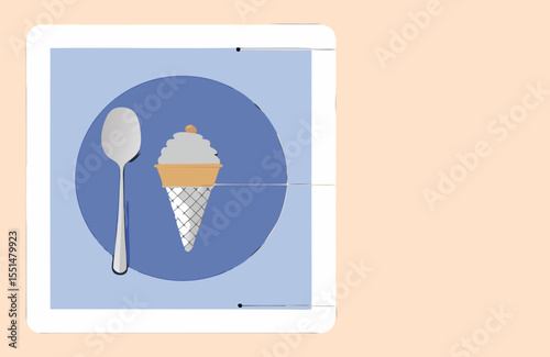Single scoop of ice cream in cone with spoon beside it, evoking sense of delight