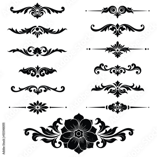 Black and White Floral Swirl Design Elements Set Decorative Flourishes Vintage Style Ornamental Patterns Collection