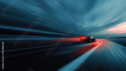 Fast-paced Formula 1 race car speeds through a stadium at sunset.