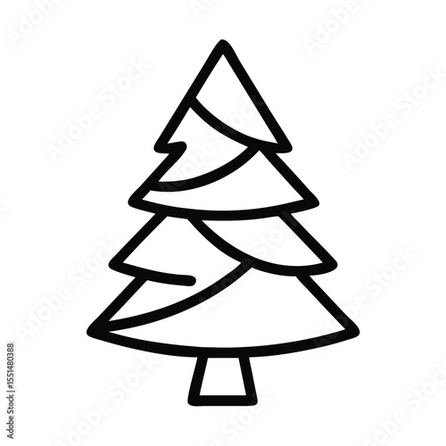 Illustration of a christmas tree with three tiers and a trunk in a simple black outline design