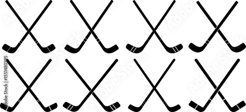 Hockey sticks crossed in a row isolated on white background