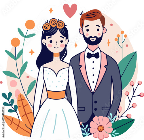 Elegant hand drawn newlyweds set. Just married couple. Cute wedding with bride and groom, wife, husband in coquette line style.Unique doodle sketched vector illustrations for invitations, anniversary.