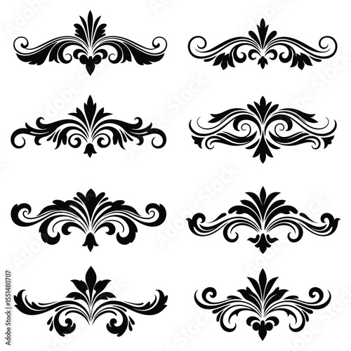 Eight Black and White Ornate Floral Swirl Designs Set Decorative Elements Vintage Style Flourishes vector