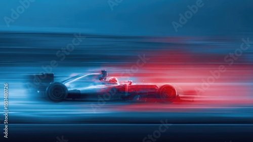 Fast-paced Formula 1 race car speeds through a stadium at sunset.
