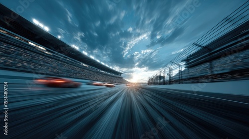 Fast-paced Formula 1 race car speeds through a stadium at sunset.