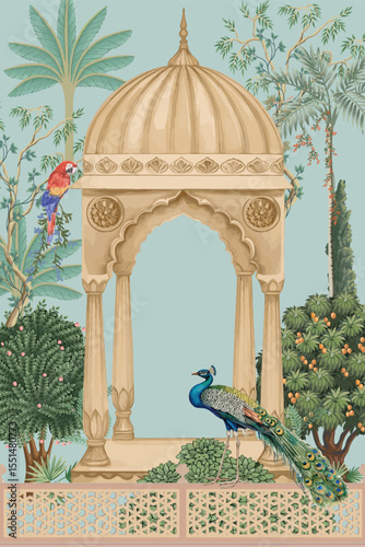 Elegant Mughal Garden scene with peacock parrot palace temple and trees for invitation design