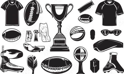American Football Equipment and Accessories in Black and White Vector Illustration