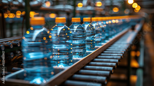Bottle. Industrial production of plastic pet bottles. Factory line for manufacturing polyethylene bottles. Transparent food packaging. Plastic production and processing concept