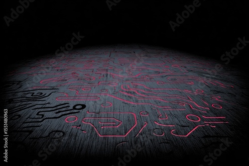Dark, textured surface with glowing red circuit patterns.  Perspective creates a sense of depth