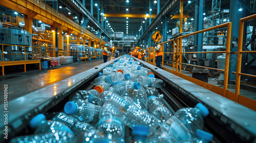 Bottle. Industrial production of plastic pet bottles. Factory line for manufacturing polyethylene bottles. Transparent food packaging. Plastic production and processing concept