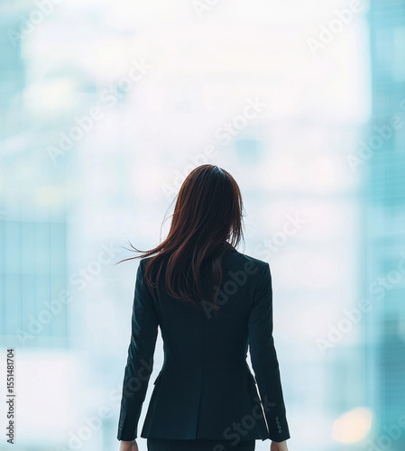 都市を見下ろすスーツ姿の女性の後ろ姿