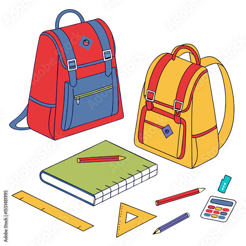Close-up of colorful backpacks and school supplies