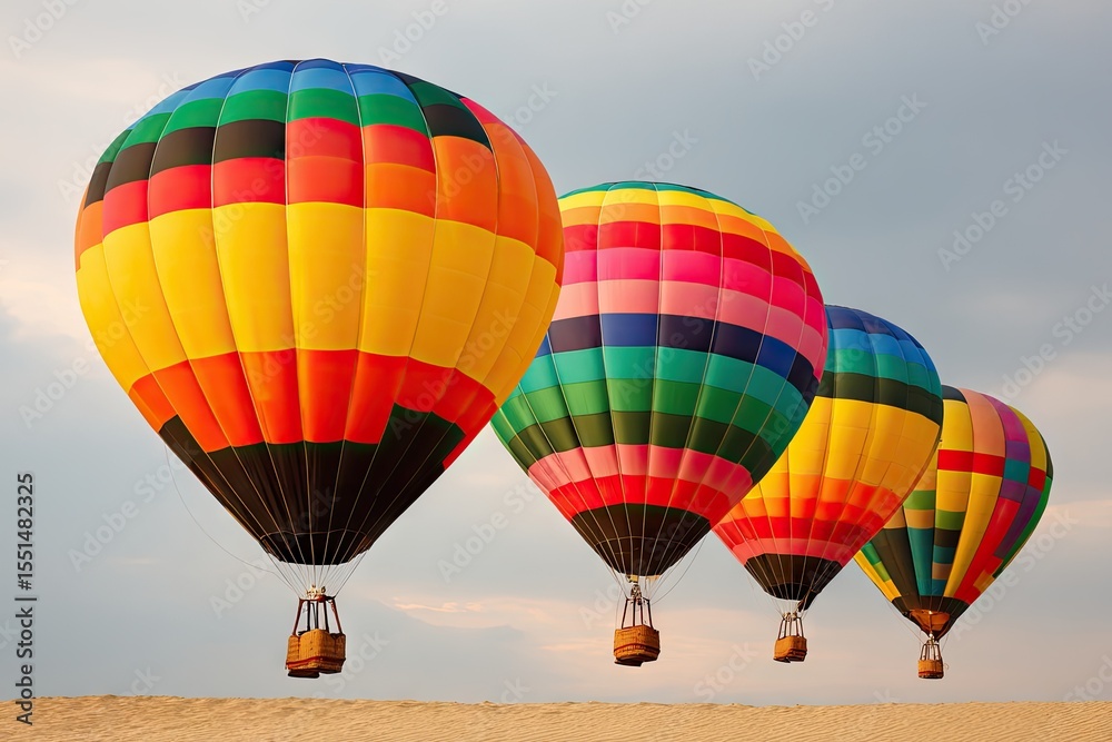 Obraz premium Four colorful hot air balloons float in a line above a sandy landscape against a pale sky