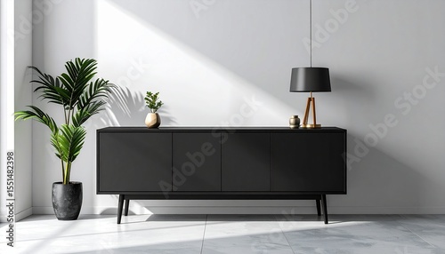 Angular matte black sideboard with smooth face and hidden base, styled under soft wall shadows in a minimal setting.
