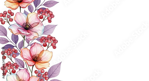Watercolor Floral Border Pink Flowers Berries