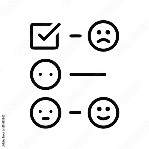 Feedback survey form with check mark and happy sad and neutral face rating scale for customer review 100