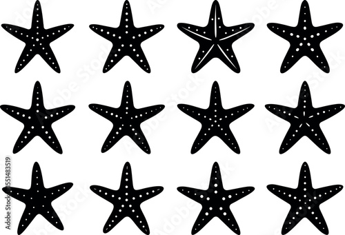 Collection of black starfish isolated on white background in various shapes and designs