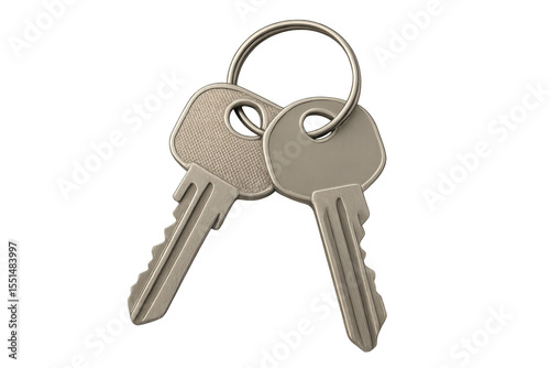 Two metal keys on key ring with transparent background