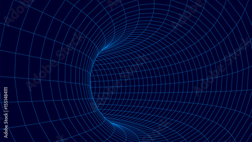 Abstract wireframe tunnel. Light science wormhole. Vector 3D portal grid. Futuristic fantasy funnel.