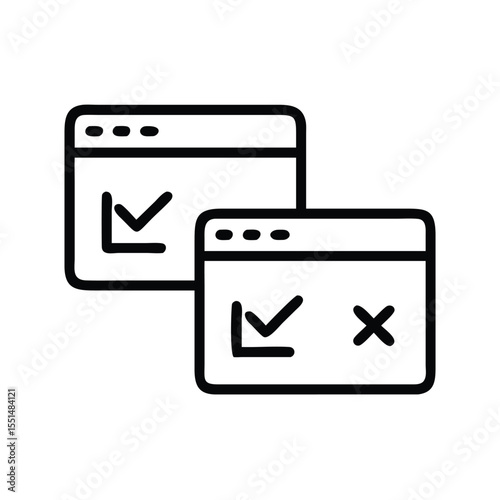 Compare windows with check and cross marks for application testing and quality assurance process management tasks