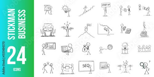 Stickman illustrations representing various business concepts and actions  