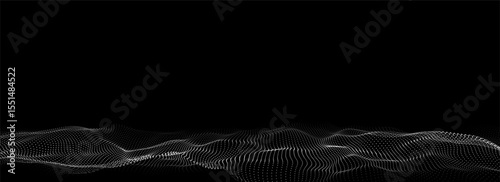 Futuristic digital wave. Dark cyberspace. Abstract vector wave with dots. White moving particles on a black background.