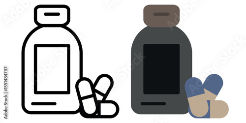 Minimalist illustration of two pill bottles—one outlined, one colored—with capsules beside them, suitable for pharmaceutical, healthcare, or medication themes.