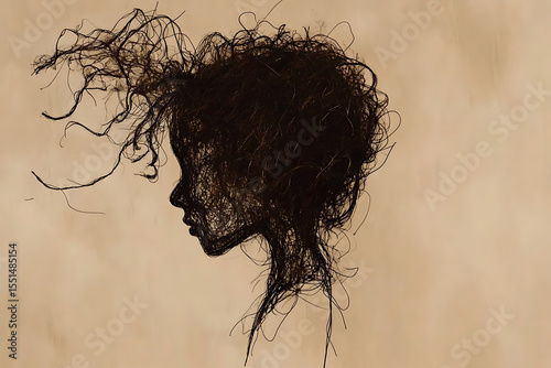 Abstract woman silhouette with messy hair reflecting inner turmoil