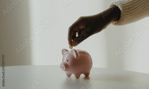 Black american child's hand inserting a coin into a pink piggybank