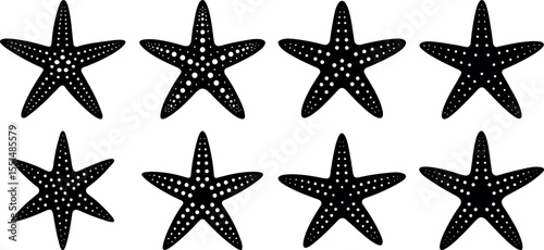Black starfish isolated on white background in a row with different shapes