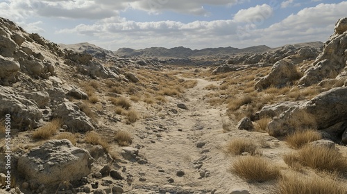 Arid landscape path meanders through rocky terrain, dry grass flanks the dusty trail under a partly cloudy sky
