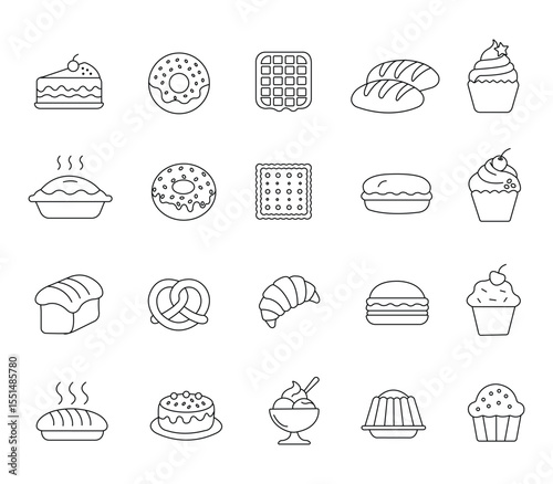 Bakery and Pastry line art icon set on white background. Perfect for Food Blogs & Designs
