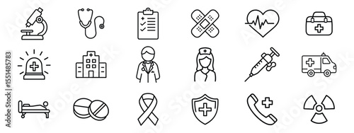 Medical line icons set including hospital tools, healthcare symbols, doctor, nurse, ambulance, equipment, and emergency illustrations