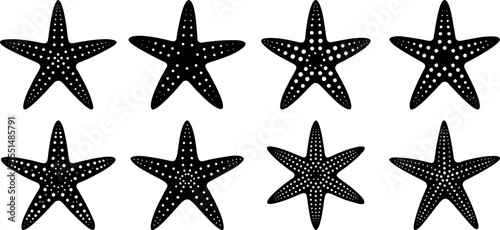 Collection of black starfish with dotted patterns isolated on white background