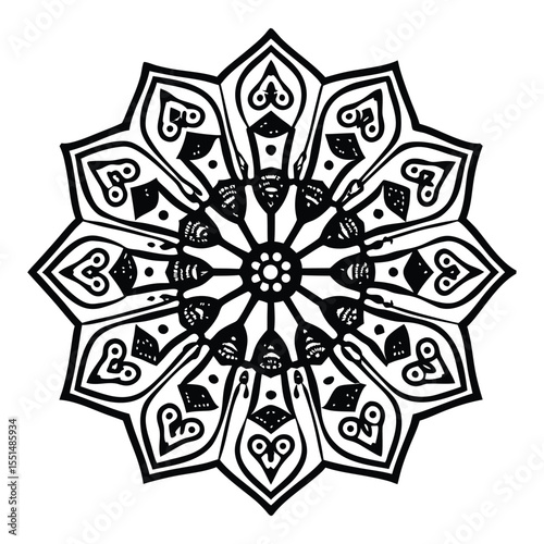 Bold Heart Pattern Mandala Vector – Intricate Black and White Circular Floral Design for Henna, Tattoos, Mehndi Art, Entangle, and Bohemian Projects