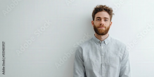 Confident Young Man with Beard in Casual Attire Against a Minimalist Background